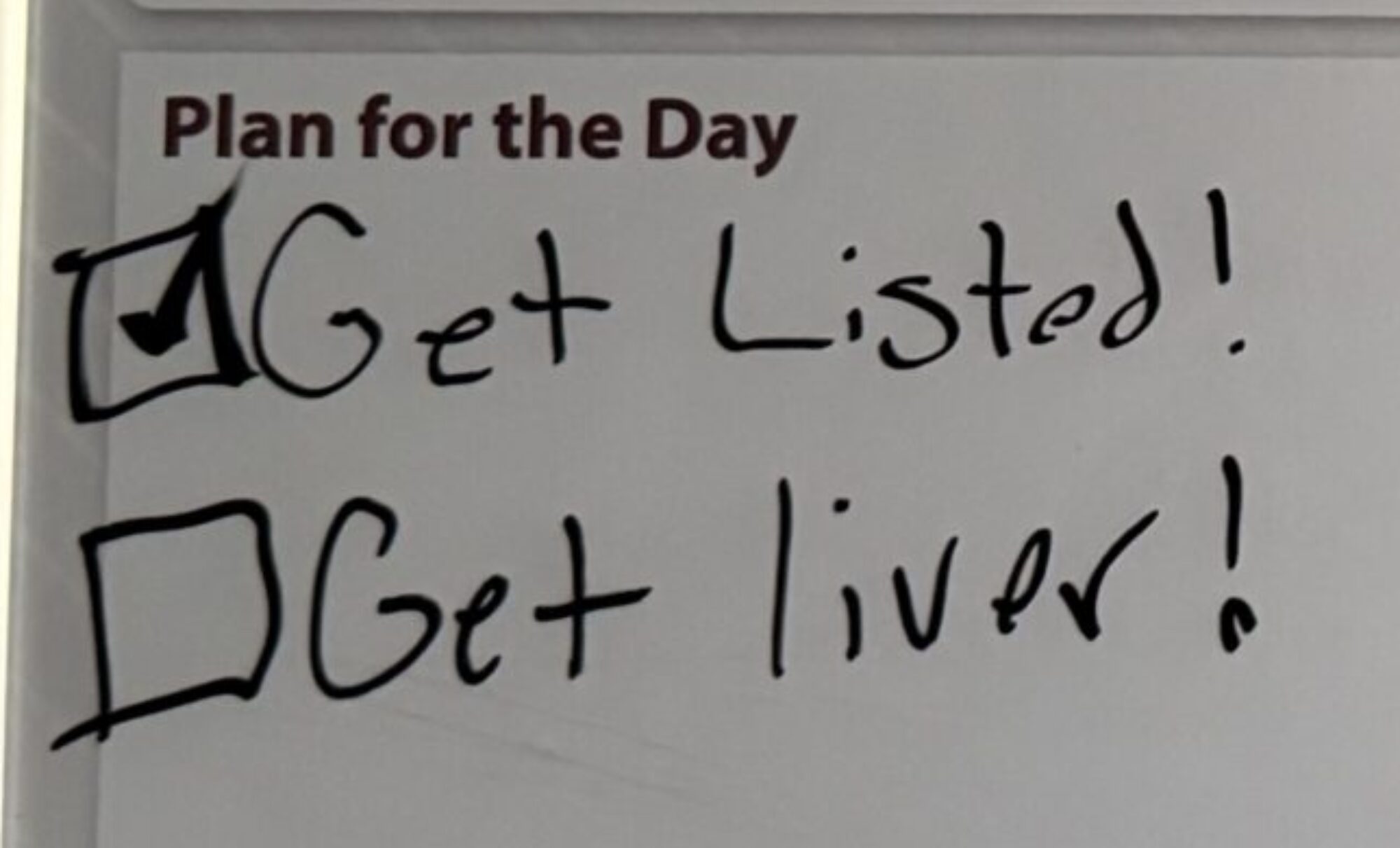 A hospital room whiteboard. in addition to date, name, diet, and other details, the plan of the day is get listed then get liver. get listed is checked off.